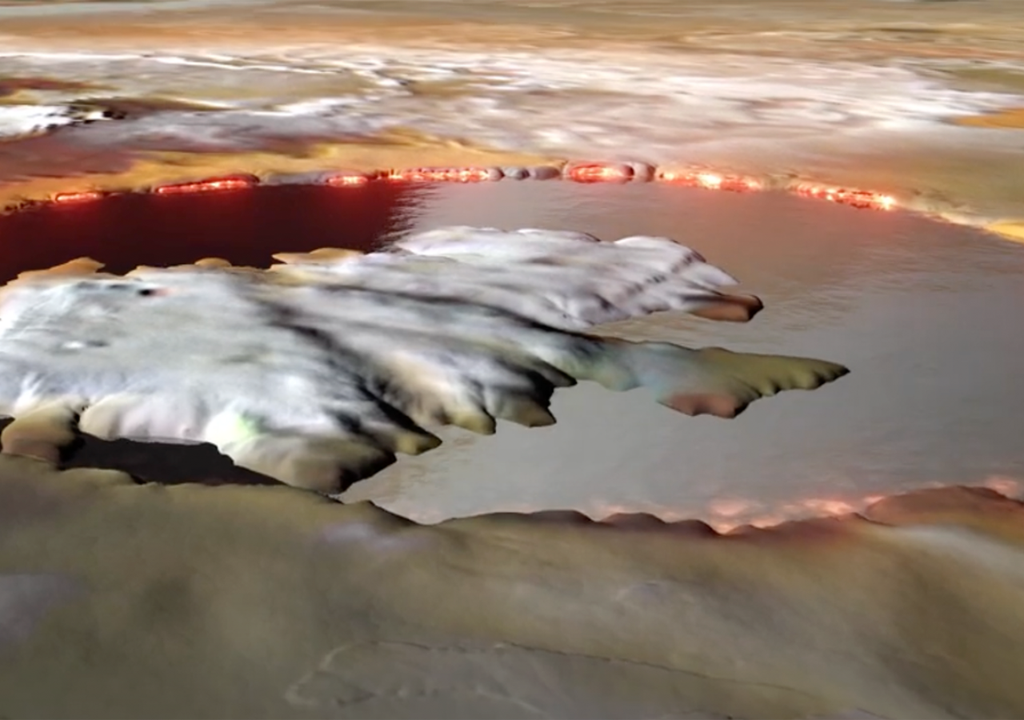 representación de la superficie de lagos volcánicos en la superficie de una luna de Júpiter.