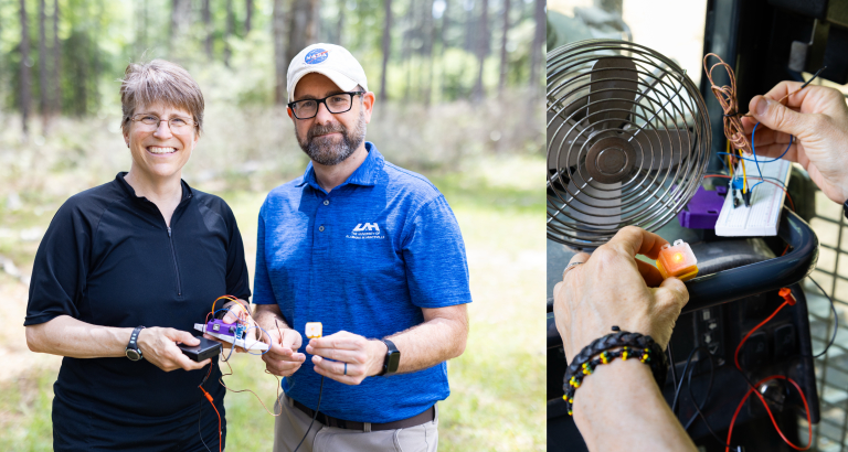Jennifer Fowler, gerente de integración científica de incendios forestales de la NASA (izquierda), y Ryan Wade, científico investigador de la Universidad de Alabama en Huntsville y del programa FireSense de la NASA (derecha), sostienen una versión del sensor térmico de bajo costo que desarrollaron para instalar en excavadoras contra incendios. El sensor utiliza un termopar comercial, similar a los que se encuentran en hornos, para medir el calor radiante proveniente de un incendio cercano. Cuando alcanza una temperatura peligrosa, el sensor activa una luz LED intermitente en el panel de control (derecha), lo que indica al operador que debe alejarse de la línea de fuego. Fuente: NASA/Milán Loiacono