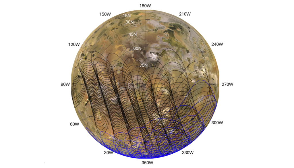 Die Grafik zeigt die Bereiche auf Io, die vom Mikrowellenradiometer an Bord der NASA-Sonde Juno während zweier naher Vorbeiflüge an dem Jupitermond vermessen wurden. Die Grafik zeigt die Bereiche auf Io, die vom Mikrowellenradiometer an Bord der NASA-Sonde Juno während zweier naher Vorbeiflüge an dem Jupitermond vermessen wurden. Bild: NASA/JPL-Caltech/SwRI/USGS