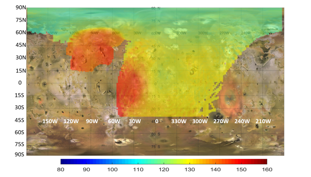 Das Mikrowellenradiometer an Bord der NASA-Sonde Juno erfasst Wärme, die direkt unter der Oberfläche des Jupitermondes Io aufsteigt. Die Farben veranschaulichen einen deutlichen Temperaturgradienten über den Mond hinweg, wobei die extremste, lokal begrenzte Wärmeabgabe in Rot dargestellt ist. Das Mikrowellenradiometer an Bord der NASA-Sonde Juno erfasst Wärme, die direkt unter der Oberfläche des Jupitermondes Io aufsteigt. Die Farben veranschaulichen einen deutlichen Temperaturgradienten über den Mond hinweg, wobei die extremste, lokal begrenzte Wärmeabgabe in Rot dargestellt ist. Bild: NASA/JPL-Caltech/SwRI/USGS