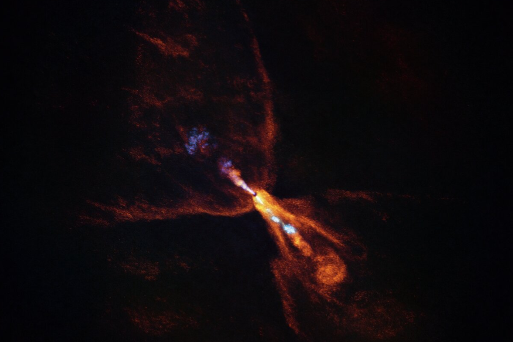 Sistema planetário se formando é observado por dados do JWST e do ALMA que mostra protoestrela com um disco planetário em torno. Crédito: ESO