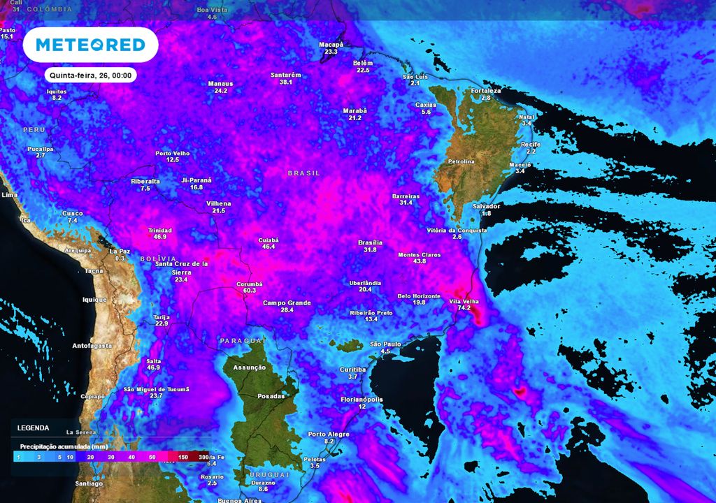 Previsão de acumulados totais de chuva até o final do dia 25.