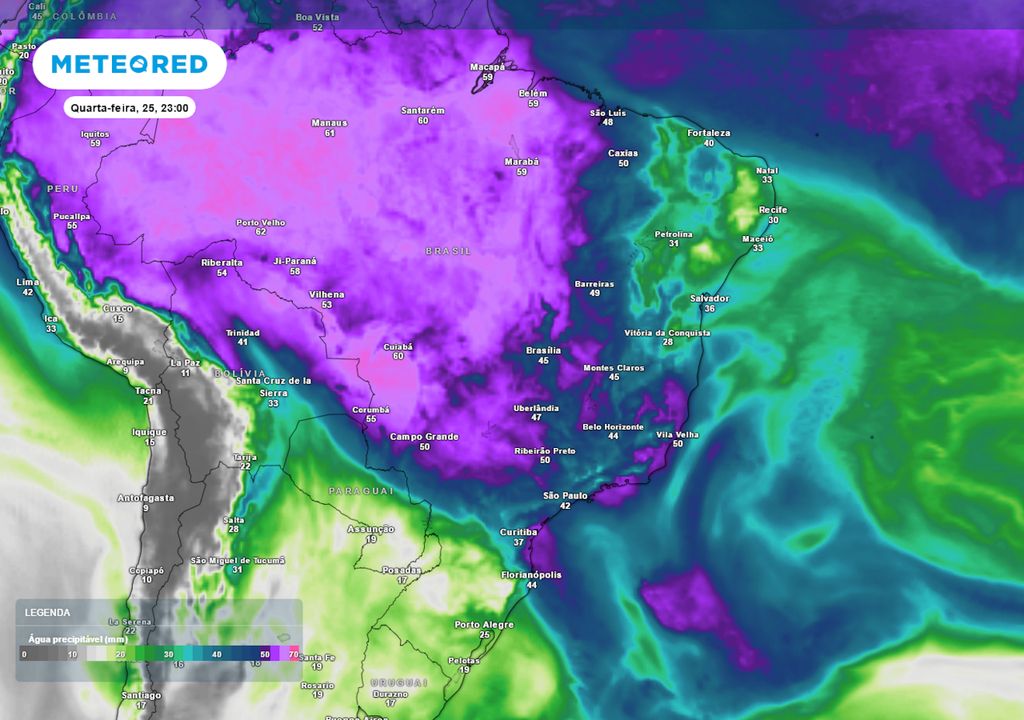 Previsão de água precipitável no final do dia 25.