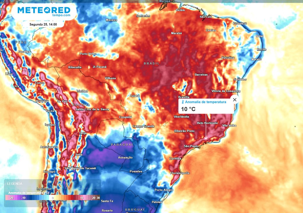 Mapa de previsão de anomalias de temperatura durante a segunda-feira (25).