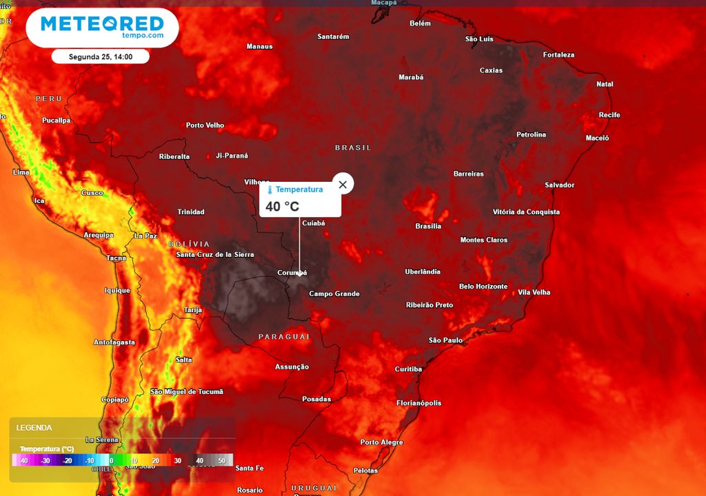 Mapa de previsão de temperaturas máximas durante a segunda-feira (25).
