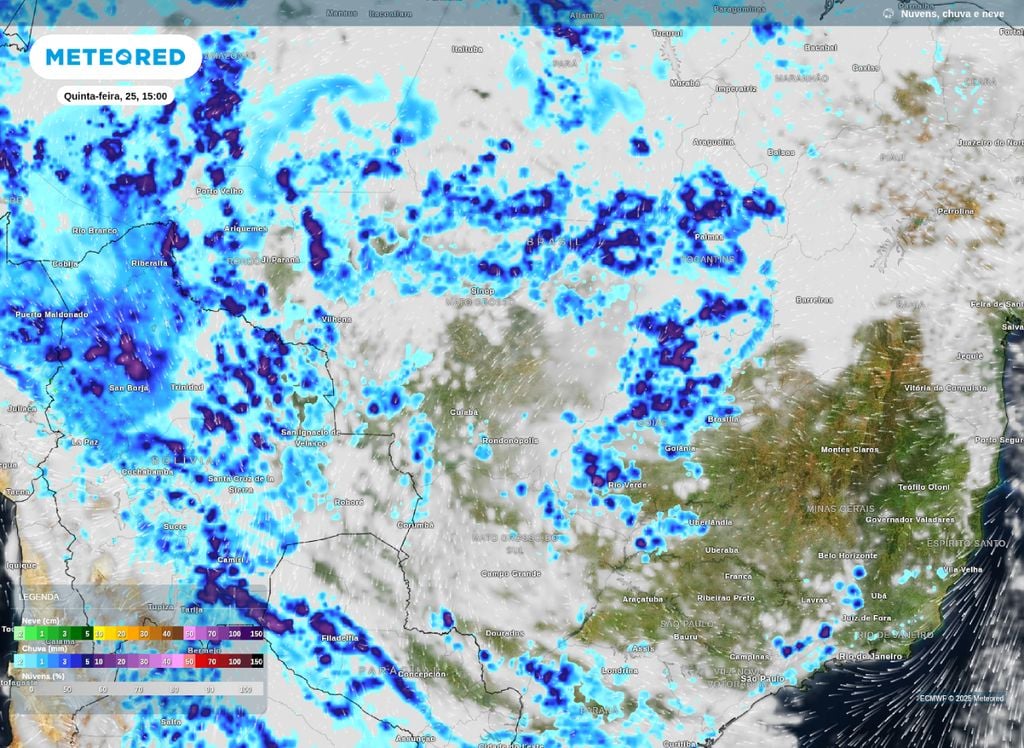 Previsão de nebulosidade e precipitação para a tarde desta quinta-feira (25).