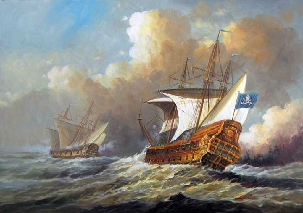 Pintura de um navio pirata perseguindo um galeão em alto-mar Pintura de um navio pirata perseguindo um galeão em alto-mar