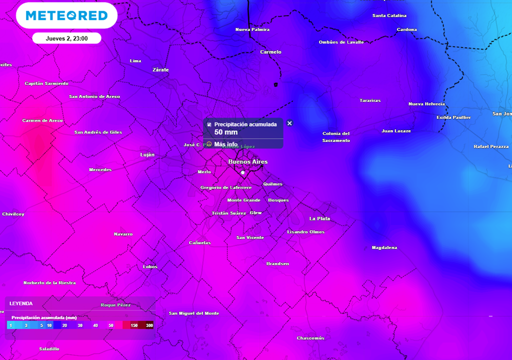 Probables acumulados de lluvia entre el miércoles 1 y jueves 2 de abril. según el modelo ECMWF.
