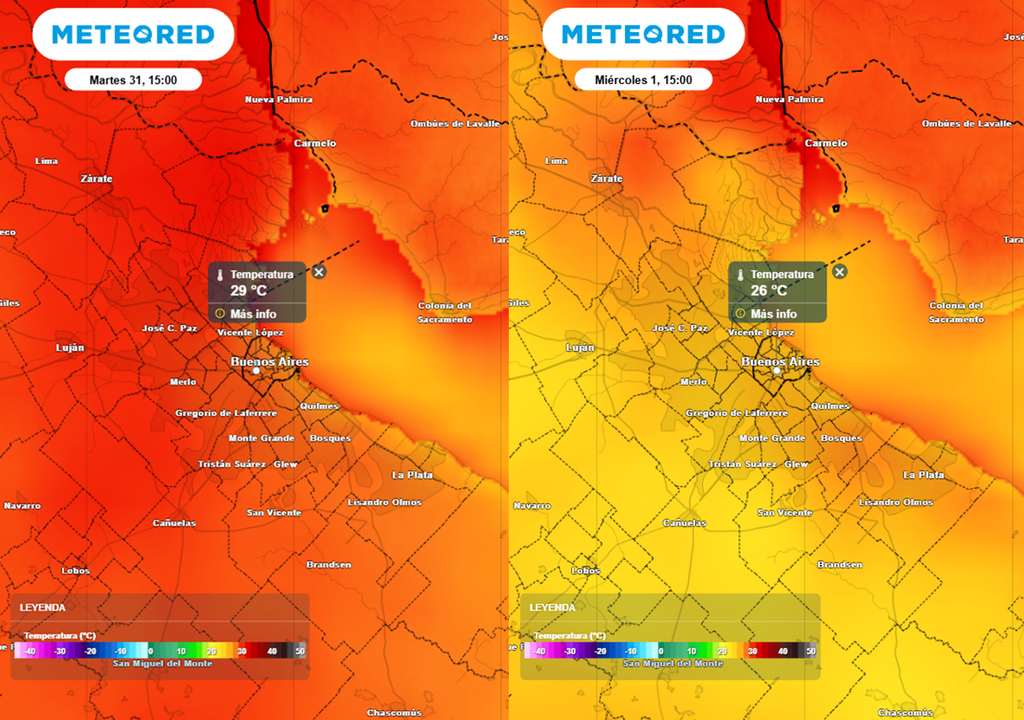 Continúan las temperaturas mínimas y máximas por encima de la media y muy húmedo esta semana en el AMBA. El cambio pronunciado de temperatura llegará el sábado 4 de abril. Modelo ECMWF.
