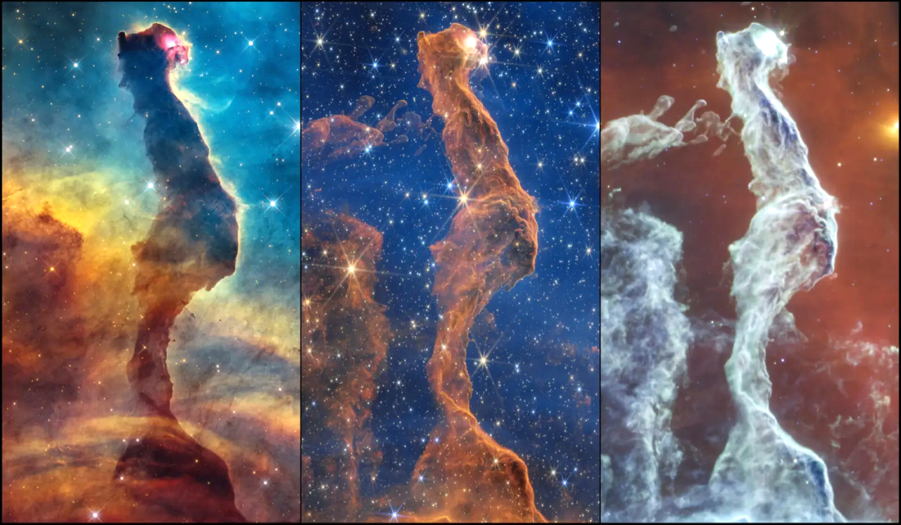 La Nebulosa Cabeza de Gato, situada a unos 7.500 años luz, muestra una inquietante silueta entre las nubes de gas y polvo de la nebulosa de Carina. Mientras Hubble revela su oscura columna de polvo, James Webb descubre estrellas y detalles ocultos gracias a su visión infrarroja. Crédito: NASA/ESA