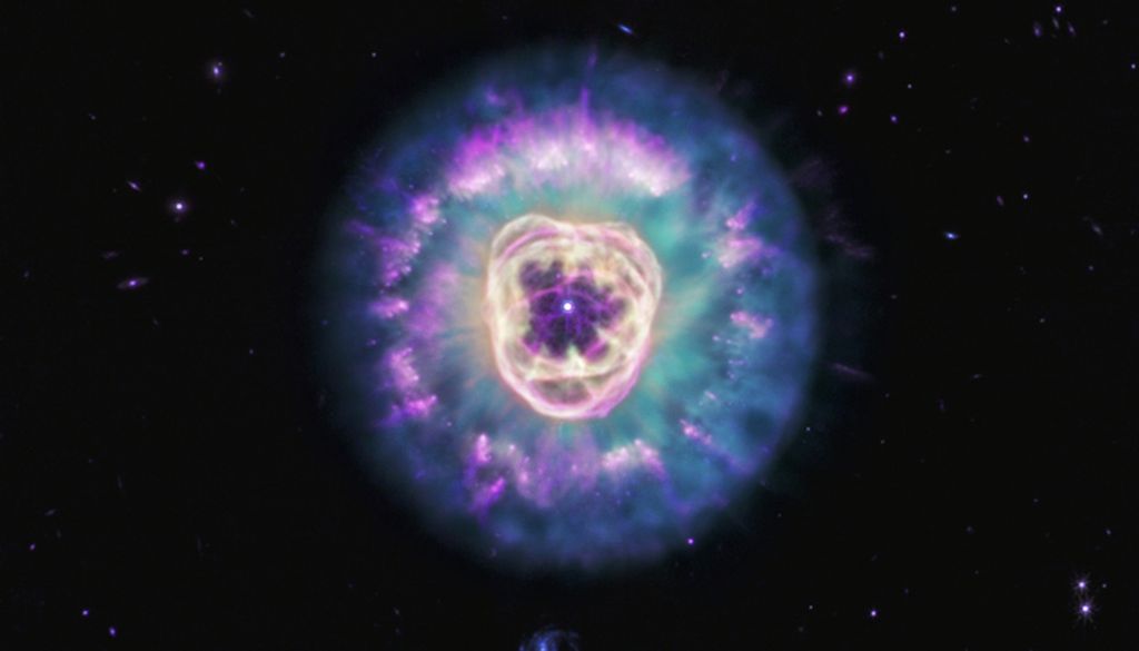 La imagen en infrarrojo medio de la nebulosa planetaria NGC 2392 resalta las diversas estructuras de polvo. Parte del polvo está siendo destruido por la radiación de la estrella central moribunda, mientras que algunos filamentos de polvo logran sobrevivir. Crédito: NASA, ESA, CSA, STScI;