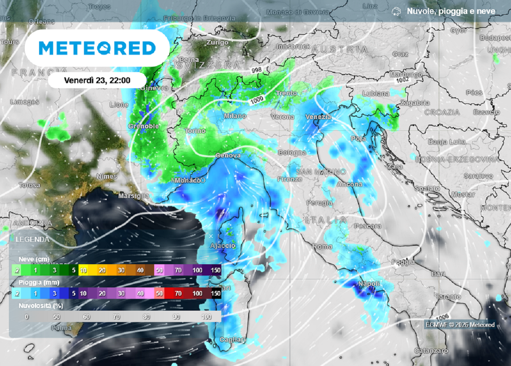 Perturbazione in arrivo venerdì sull'Italia: neve in pianura al Nord.