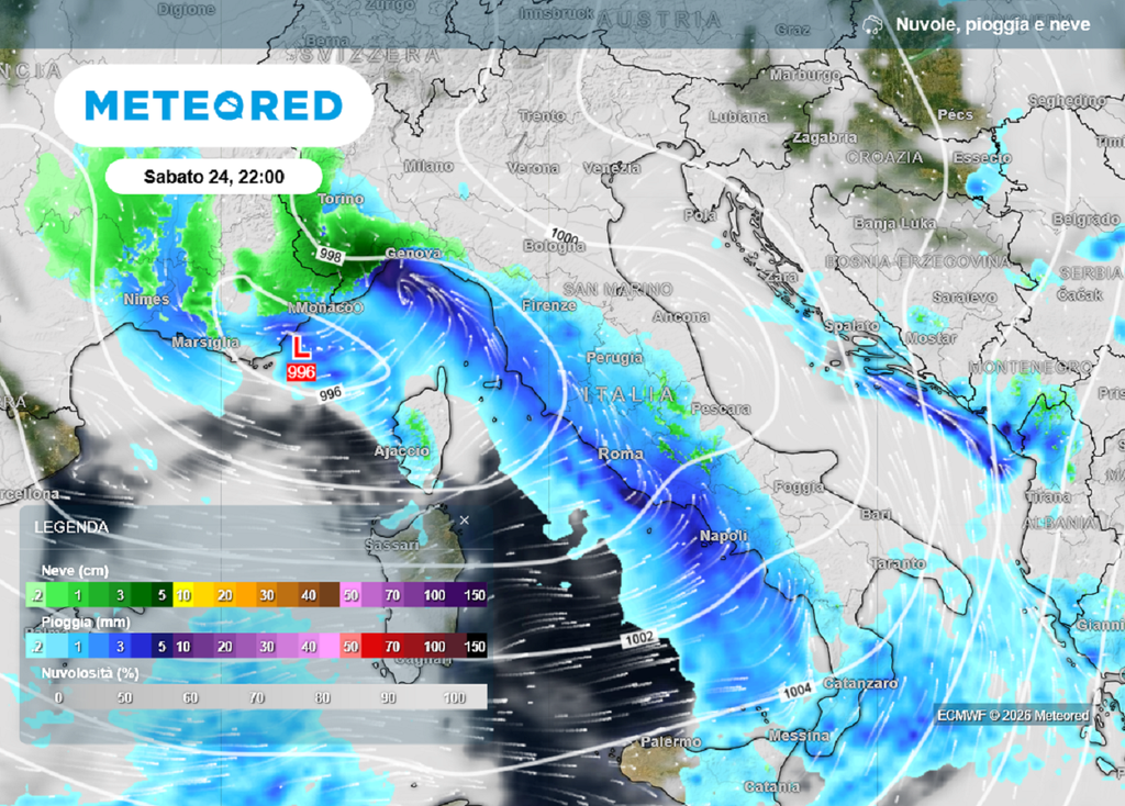La possibile evoluzione meteo tra sabato e domenica sull'Italia: nuovo fronte su tutto il versante tirrenico con pioggia e neve.