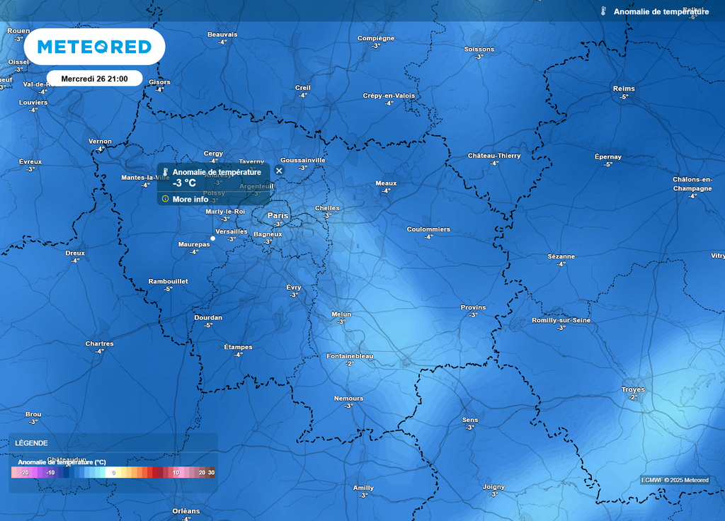 Anomalie températures Paris Île-de-France mercredi soir Anomalie températures Paris Île-de-France mercredi soir