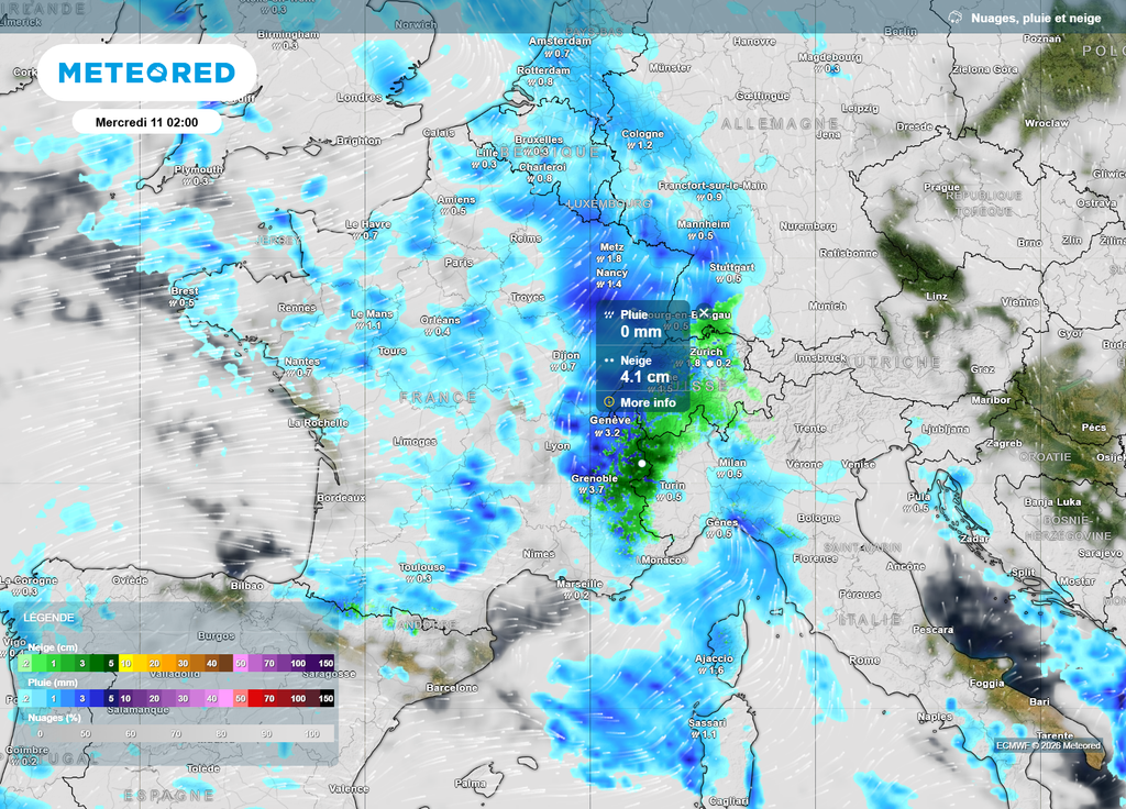 Dans la nuit de mardi à mercredi, les cumuls de neige s'annoncent déjà importants sur le Nord des Alpes, où la perturbation viendra se bloquer.
