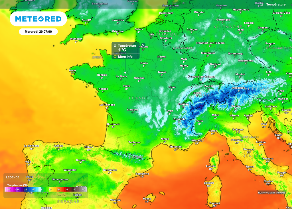 Minimales basses dès mercredi matin avec un risque local de regel. Températures minimales en baisse les jours suivants.