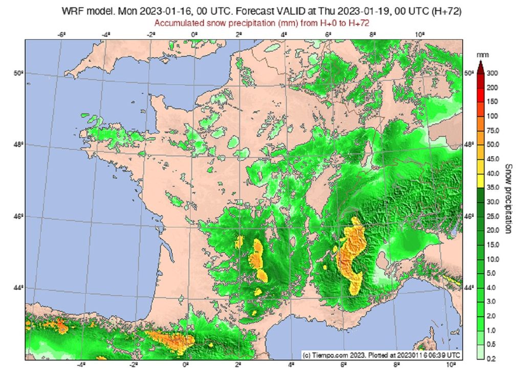 Prévisions de la couche de neige au sol, selon le modèles WRF extrapolé par Météored. Prévisions de la couche de neige au sol, selon le modèles WRF extrapolé par Météored.