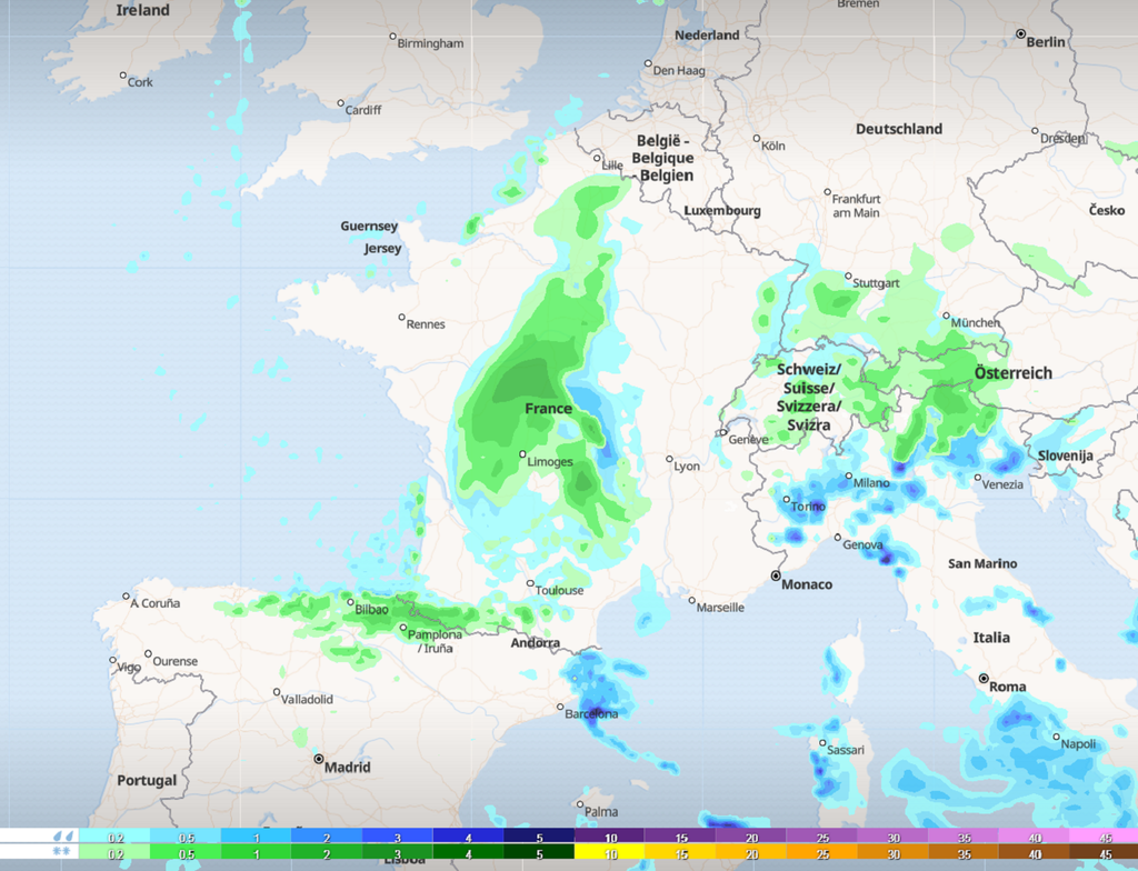 La perturbation apportera de la neige en plaine des Hauts-de-France aux régions centrales (en vert sur la carte).