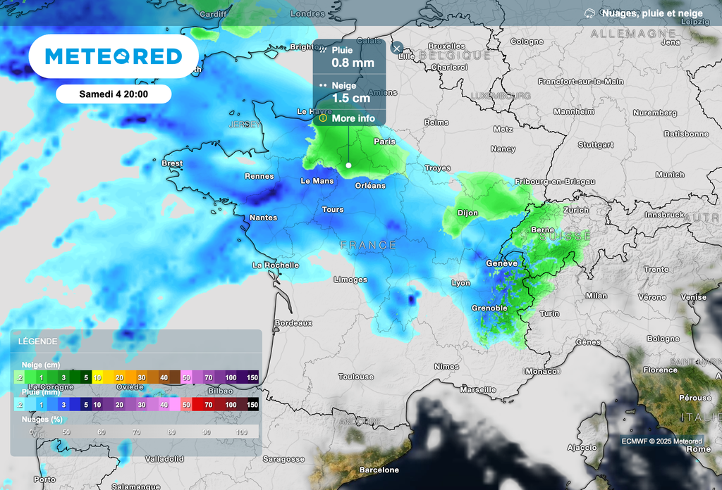 Les premières chutes de neige / pluies verglaçantes sont attendues en soirée entre la Normandie et l'Île-de-France.