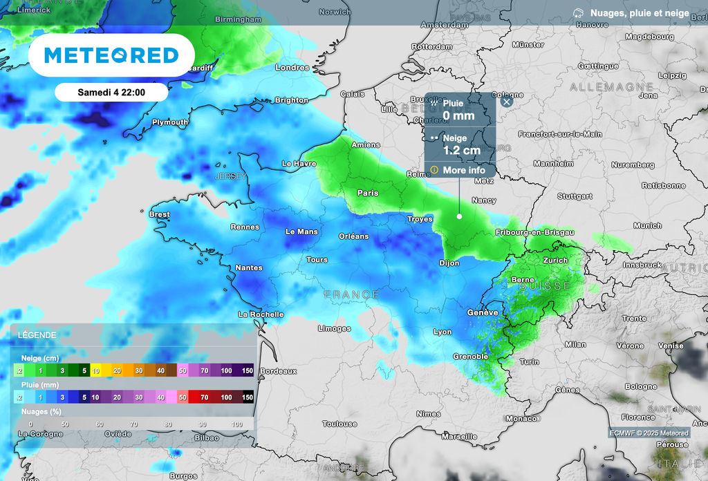 À 22 heures, les chutes de neige / pluies verglaçantes progresseront vers les frontières du nord-est de la France.
