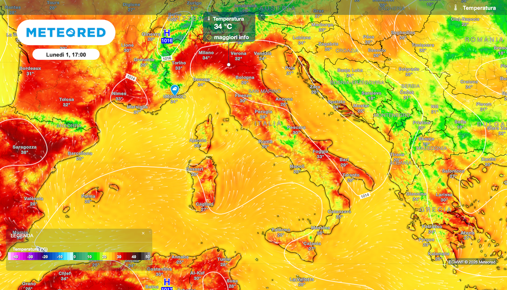 Nonostante i temporali le temperature resteranno oltremodo elevate per la stagione, come si nota dalla mappa ECMWF.