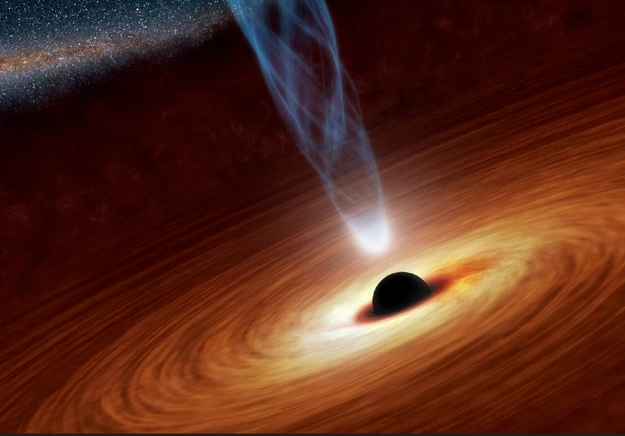 Questa immagine, sebbene sia una rappresentazione artistica, riproduce in modo realistico l'apparenza di un buco nero con il suo disco di accrescimento e il suo getto, sebbene nessun telescopio sia in grado di ottenere immagini con tali dettagli. Credit: /NASA/JPL-Caltech