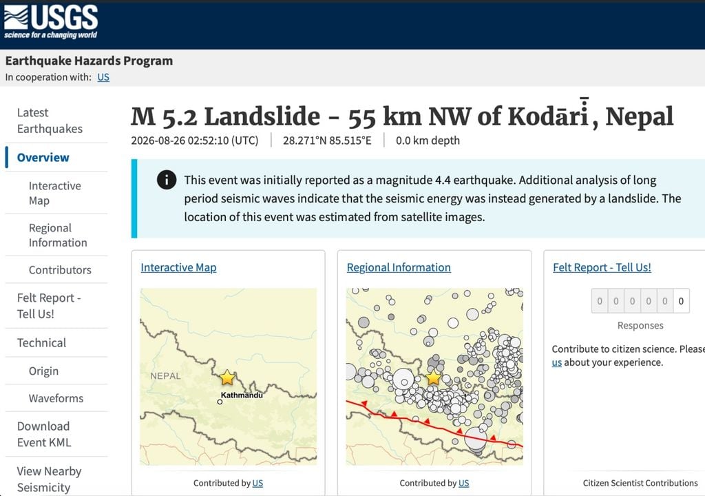 usgs El USGS actualizó a magnitud 5,2 el sismo registrado en la región del Tíbet, un evento cuya posible relación con el posterior colapso de hielo y roca todavía está bajo investigación.