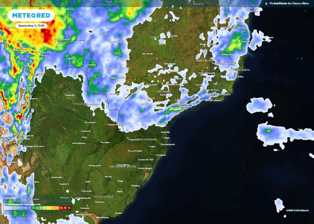 Mapa de probabilidade de chuva para a tarde de quarta-feira (05). Mapa de probabilidade de chuva para a tarde de quarta-feira (05).
