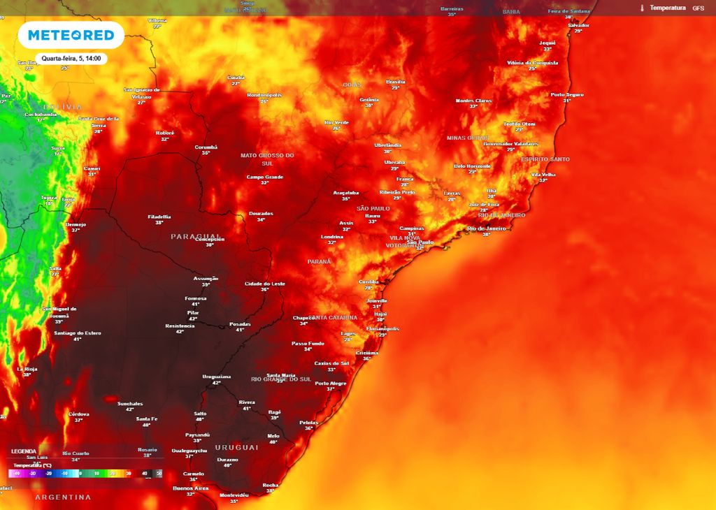 Previsão de temperatura máxima para a tarde desta quarta-feira (05) na Região Sul e Sudeste. Previsão de temperatura máxima para a tarde desta quarta-feira (05) na Região Sul e Sudeste.