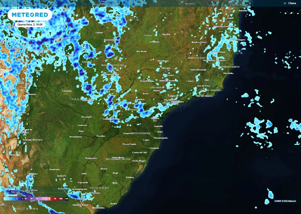 Previsão de chuva para a tarde desta quarta-feira (05) na Região Sul e Sudeste do país. Previsão de chuva para a tarde desta quarta-feira (05) na Região Sul e Sudeste do país.