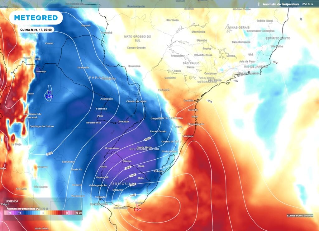 Anomalia de temperatura no nível de 850 hPa para esta quinta-feira (17). Anomalia de temperatura no nível de 850 hPa para esta quinta-feira (17).