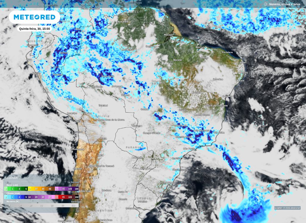 Previsão de nebulosidade e de chuva para a tarde de quinta-feira (30).