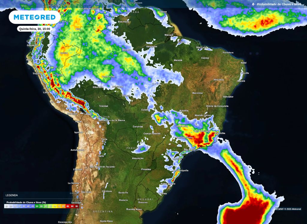 Mapa de probabilidade de precipitação para a tarde de quinta-feira (30).