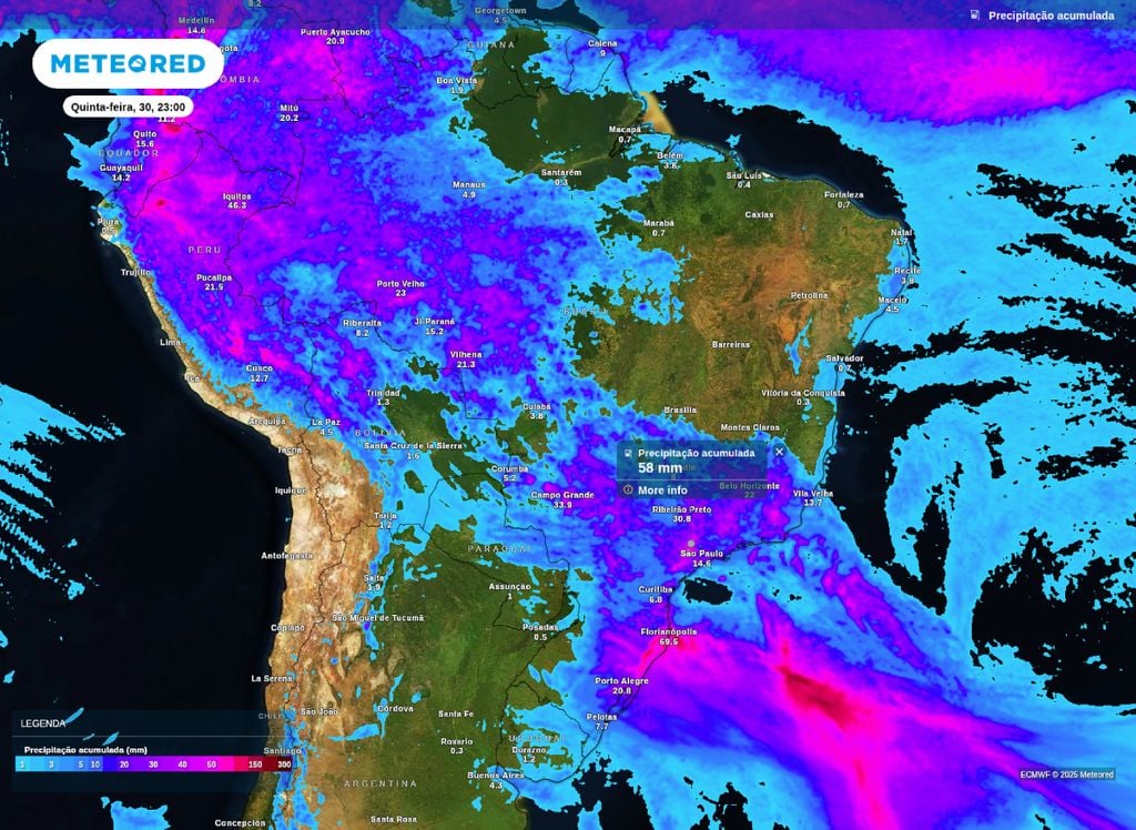 Precipitação acumulada prevista entre quarta (29) e sexta-feira (31).