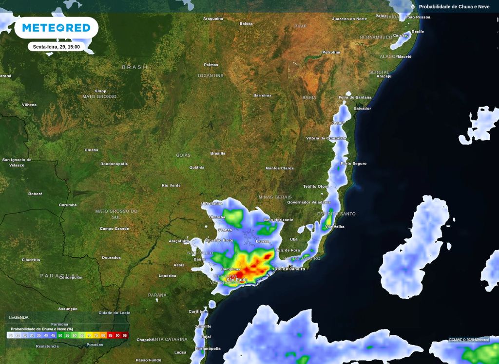 Probabilidade de ocorrência de chuva sobre o Sudeste do Brasil na tarde de sexta (29).