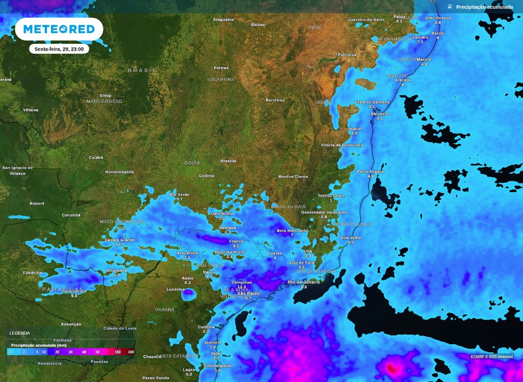 Precipitação acumulada prevista para esta sexta-feira (29).