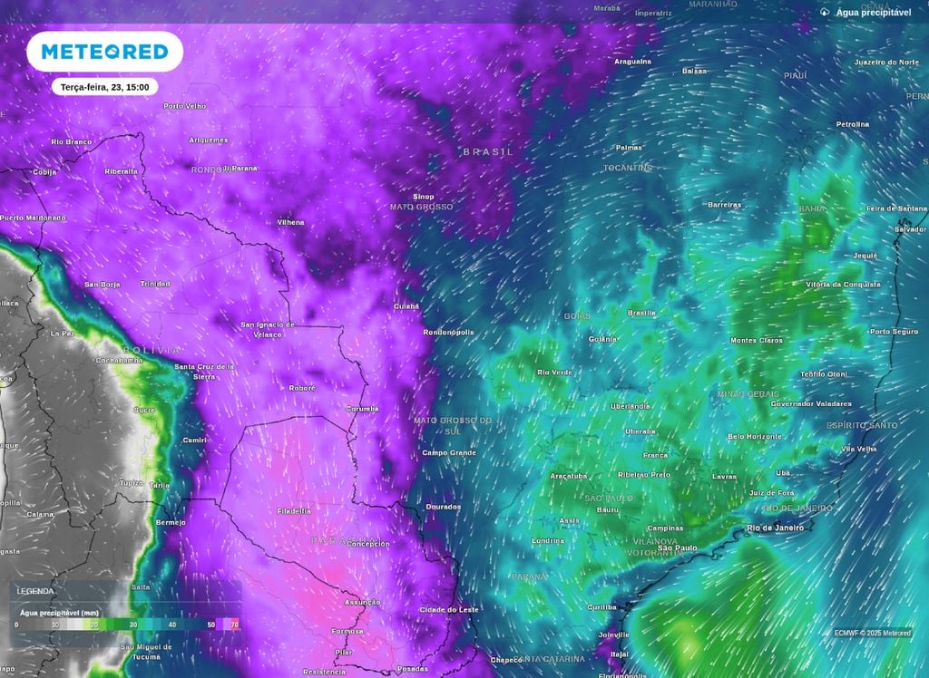 Previsão de água precipitável sobre o Centro-Oeste na tarde de terça-feira (23).