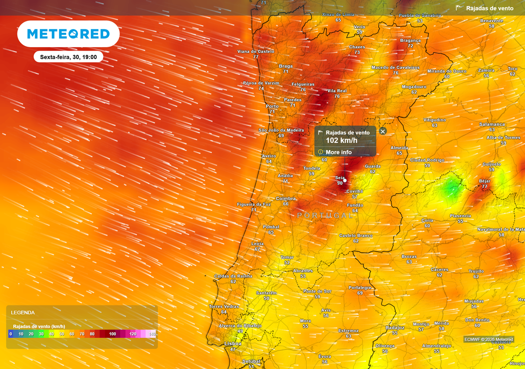Rajadas de vento muito fortes na tarde de sexta-feira, com valores a rondar os 100 km/h no Centro e Norte.