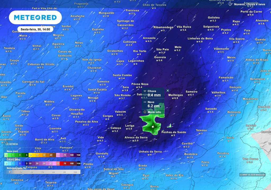 Episódio de neve na Serra da Estrela na tarde de sexta-feira, com acumulações significativas acima dos 1200/1300 m.