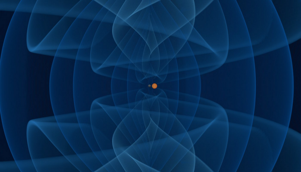Ein Schwarzes Loch (dunkelgrau) und ein Neutronenstern (orange) umkreisen einander auf immer enger werdenden Bahnen und strahlen dabei Gravitationswellen ab (blau). Ein Schwarzes Loch (dunkelgrau) und ein Neutronenstern (orange) umkreisen einander auf immer enger werdenden Bahnen und strahlen dabei Gravitationswellen ab (blau). Bild: I. Markin, T. Dietrich, H. Pfeiffer, A. Buonanno/Universität Potsdam/Max-Planck-Institut für Gravitationsphysik