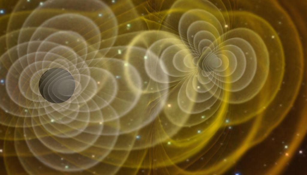 Hier eine dreidimensionale Simulation verschmolzener Schwarzer Löcher – doch nicht nur ein einzelnes Ereignis, sondern auch der Kosmos als solches sendet Gravitationswellen aus. Hier eine dreidimensionale Simulation verschmolzener Schwarzer Löcher – doch nicht nur ein einzelnes Ereignis, sondern auch der Kosmos als solches sendet Gravitationswellen aus. Bild: NASA/Henze