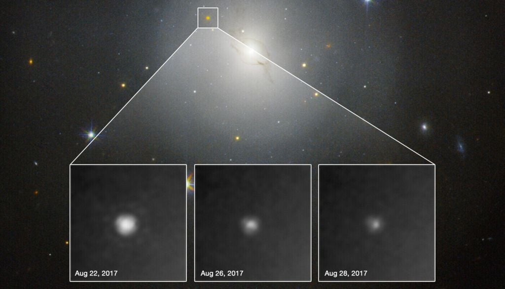 Am 17. August 2017 konnte in der Galaxie NGC 4993 die Kollision von zwei Neutronensternen mithilfe von Gravitationswellenmessungen beobachtet werden. Das stellare Leuchten, eine Kilonova, ist in den Beobachtungen des Hubble-Teleskops zu erkennen. Am 17. August 2017 konnte in der Galaxie NGC 4993 die Kollision von zwei Neutronensternen mithilfe von Gravitationswellenmessungen beobachtet werden. Das stellare Leuchten, eine Kilonova, ist in den Beobachtungen des Hubble-Teleskops zu erkennen. Bild: NASA/ESA/A. J. Levan, N.R. Tanvir, A. Fruchter, O. Fox