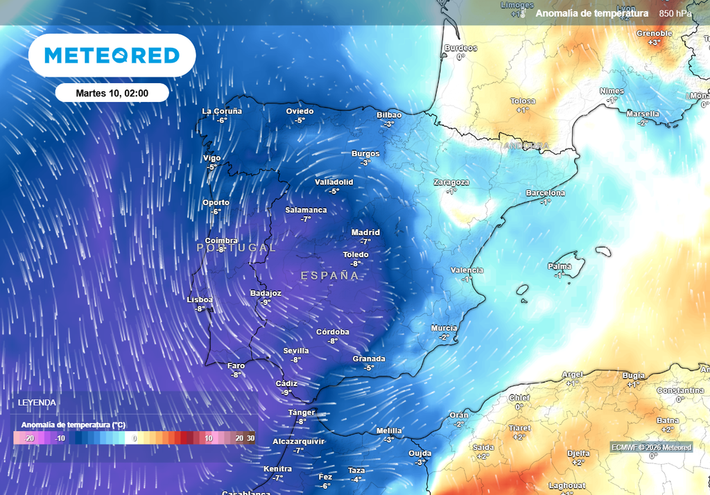 La masa de aire fría asociada a la dana provocará un bajón térmico y que la cota de nieve baje rápidamente en torno a su centro.