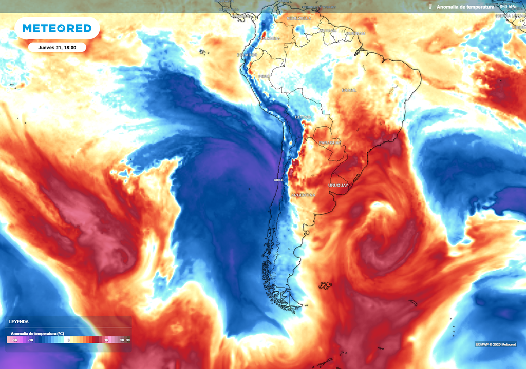 anomalía de temperaturas en 850 hPa