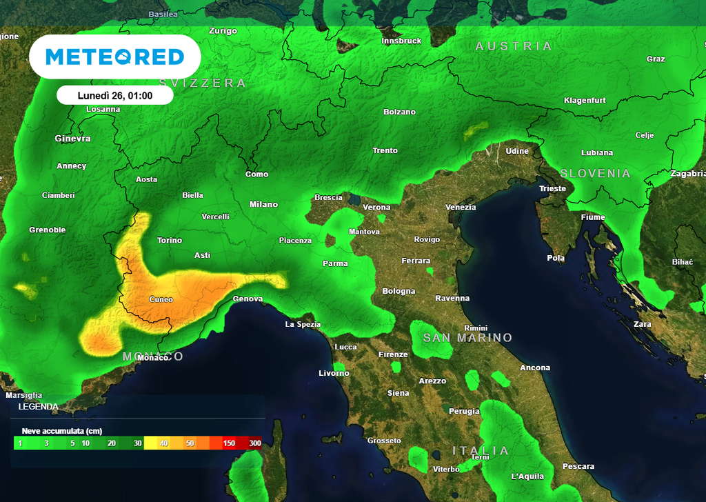 Nevicate possibili fino in pianura, specie sulla Pianura Padana Occidentale, tuttavia secondo gli ultimi aggiornamenti, sabato 24 il cuscinetto freddo sulla Bassa Padana occidentale potrebbe mostrare una resistenza maggiore, prolungando la fase favorevole alla neve a quote molto basse.