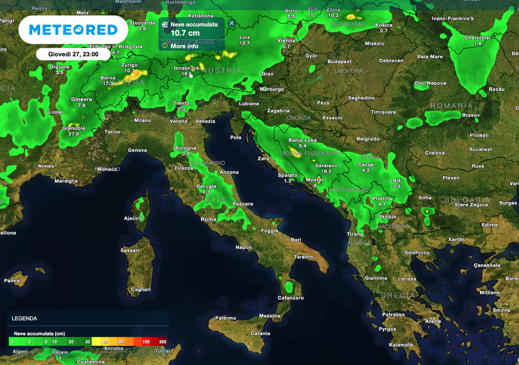 Nevicate tra 20 e 30 cm sui rilievi del Nord, localmente oltre 35 cm sulle Alpi orientali. Nevicate tra 20 e 30 cm sui rilievi del Nord, localmente oltre 35 cm sulle Alpi orientali.