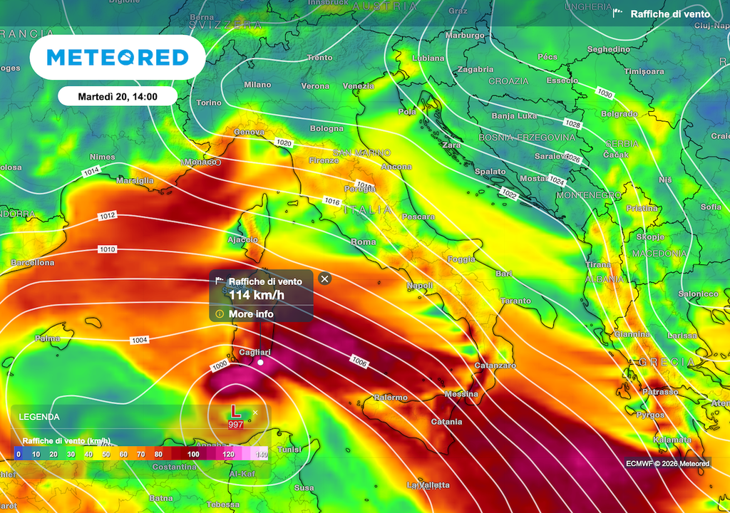 Venti impetuosi al sud secondo ECMWF con il ciclone Harry, ma nella mappa si nota anche la conformazione da nordest con bora sull'Alto Adriatico, che induce aria più fredda e formazione di un blando cuscino al nord.