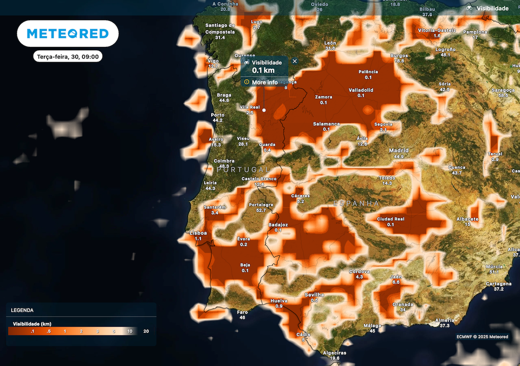 Nevoeiro em Portugal Continental, designadamente no interior Norte e no Alentejo.