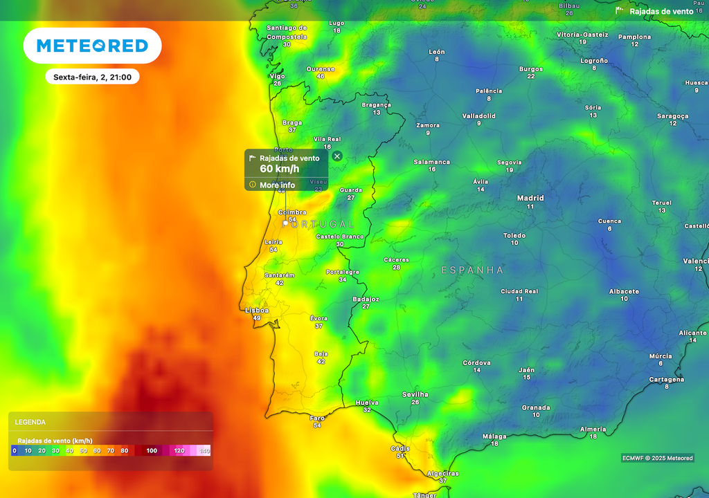 Até ao final da semana, verifica-se uma mudança do padrão atmosférico, com rajadas de vento até 60 km/h.