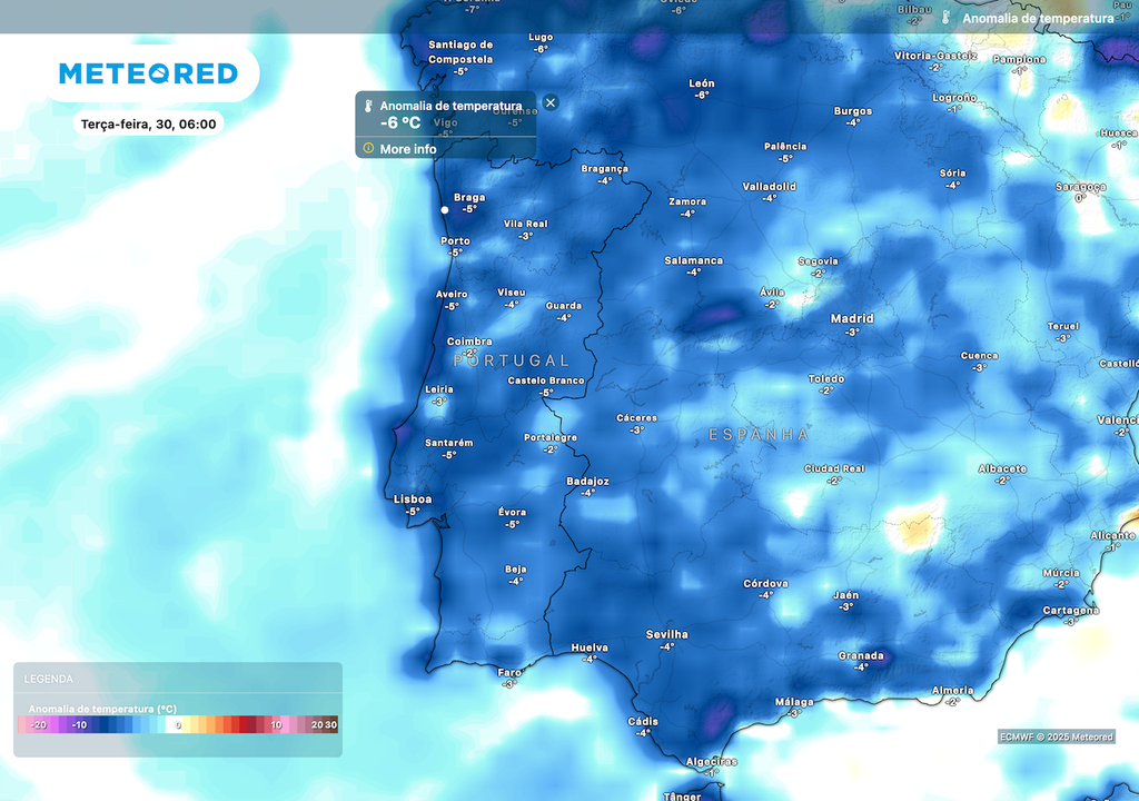Início da semana com anomalias negativas da temperatura ao início da manhã.